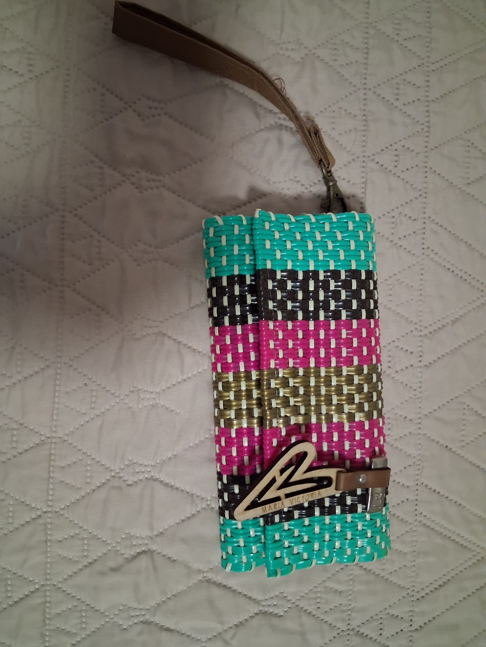 Woven Multicolor Wristlet Clutch by Maria Victoria , Teal, Pink, Gold, Black